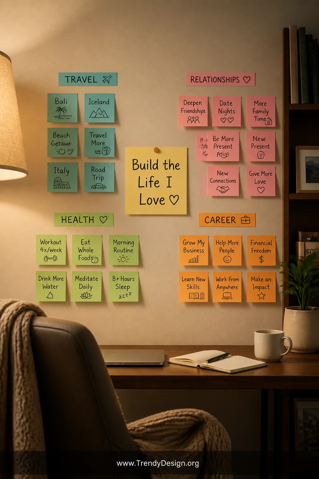Medium interior shot of a cozy home office or bedroom nook featuring a sticky note vision board wall with clusters of colorfu