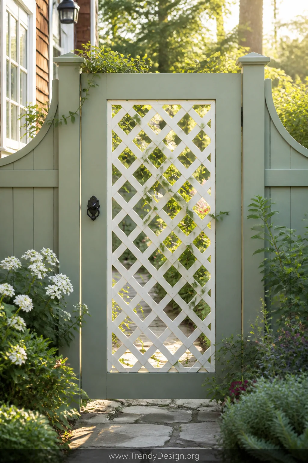 Wide outdoor garden shot of a cottage-style wooden fence gate with a natural wood lattice panel insert filling an oversized o