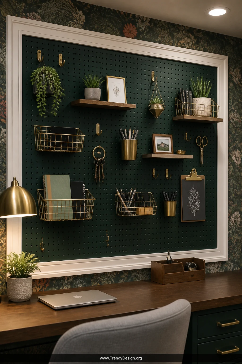 A medium shot of a large deep forest green pegboard panel mounted above a tidy workspace, fitted with an eclectic mix of bras