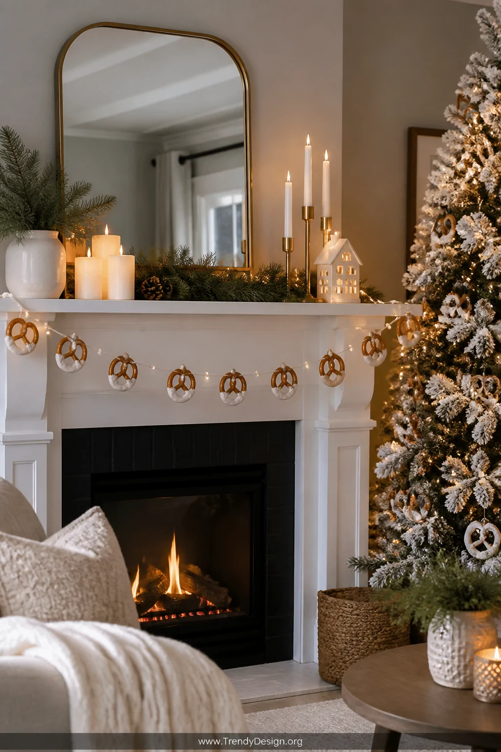 A wide shot of a cozy holiday living room mantel draped with a handmade pretzel garland strung with clear fishing line and sm