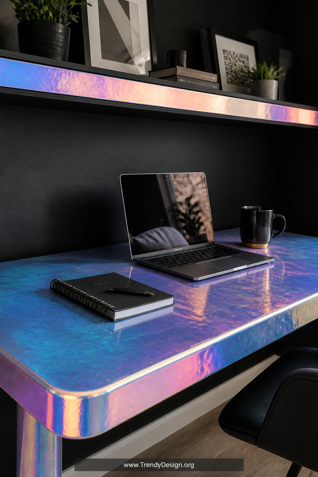 Detail-level closeup shot of a home office desk surface wrapped in smooth holographic color-changing vinyl, the surface shimm