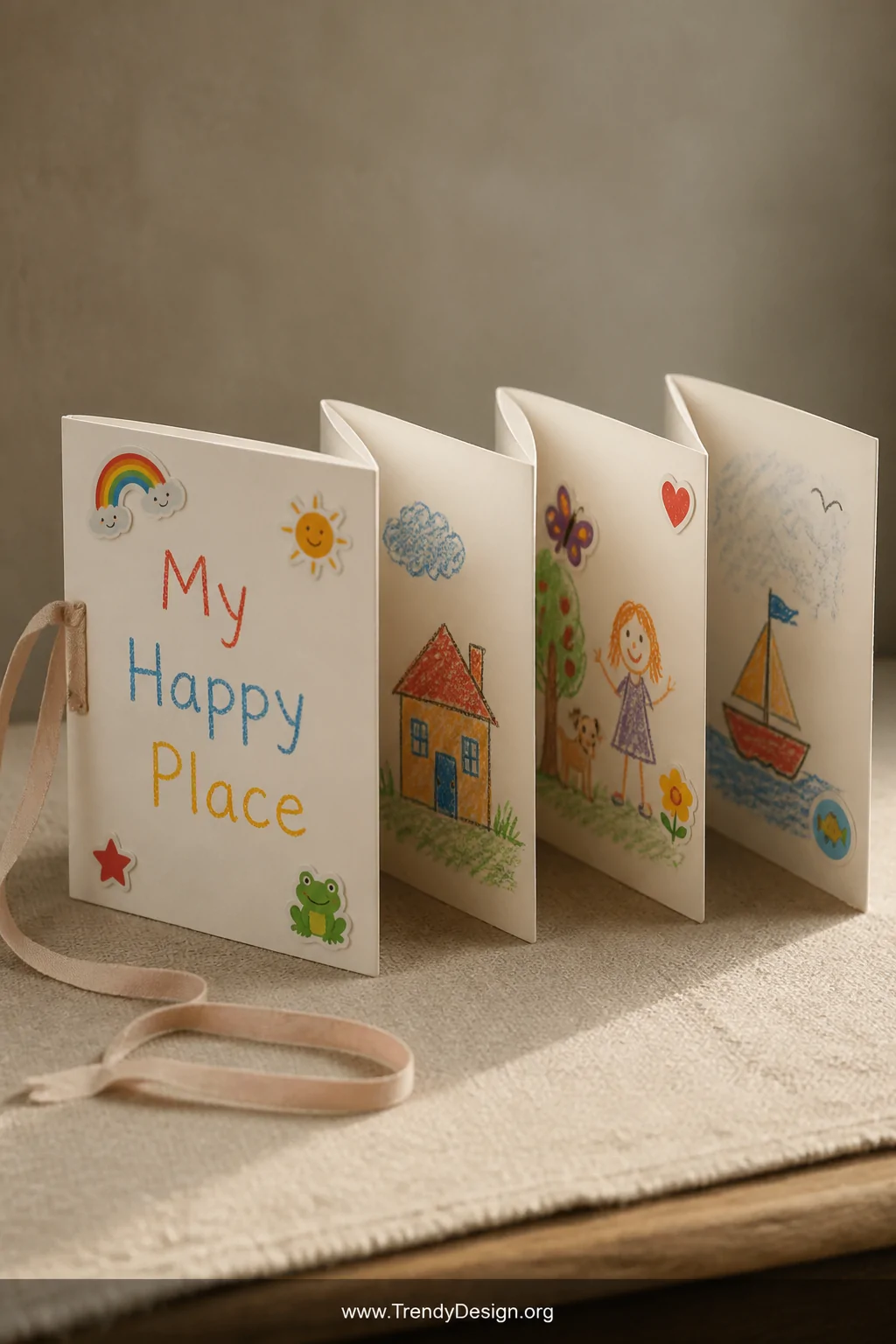 A medium styled shot of a small accordion fold book resting open on a linen-textured surface, thick cardstock panels fanning 