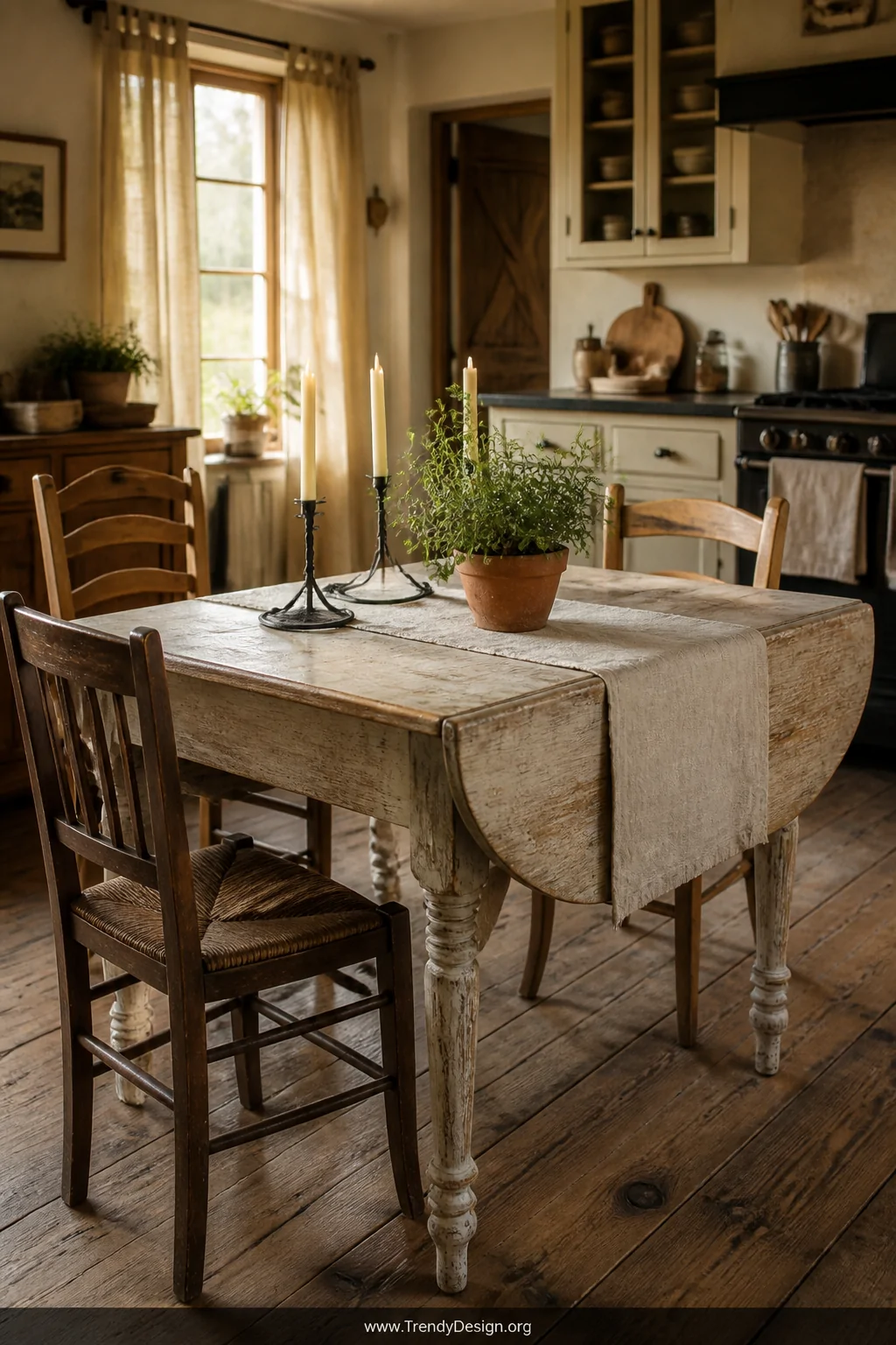 Wide room shot of a cozy farmhouse kitchen featuring a chunky oak drop leaf table with a distressed whitewash finish, mismatc