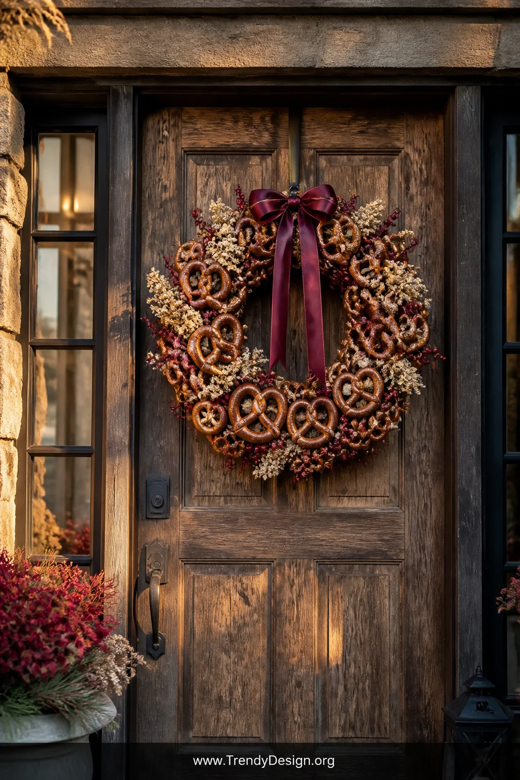 A wide shot of a rustic front door exterior scene featuring a handmade wreath crafted from overlapping large and mini pretzel