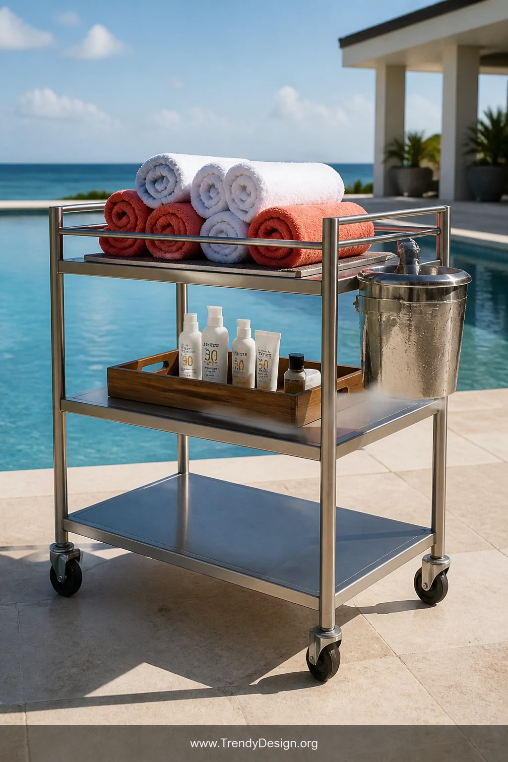 A medium wide shot of a sleek stainless steel rolling bar cart parked on a sun-lit travertine pool deck, its top shelf stacke