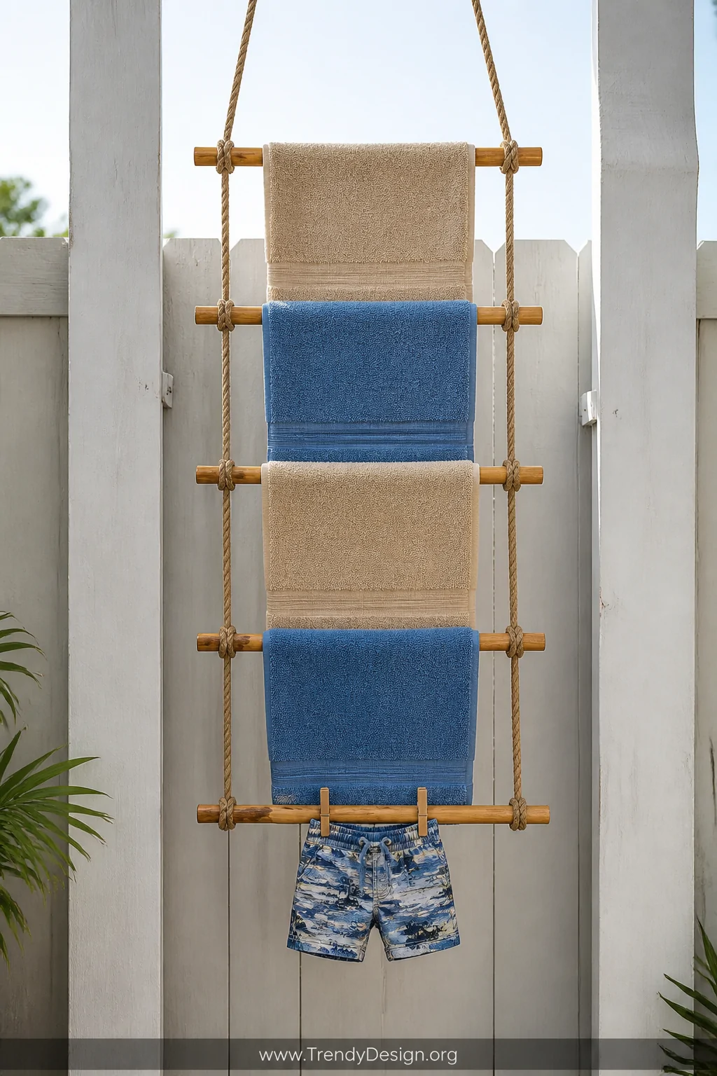 A medium-wide shot of a hanging rope-and-dowel towel ladder suspended between two whitewashed fence posts, crafted from thick