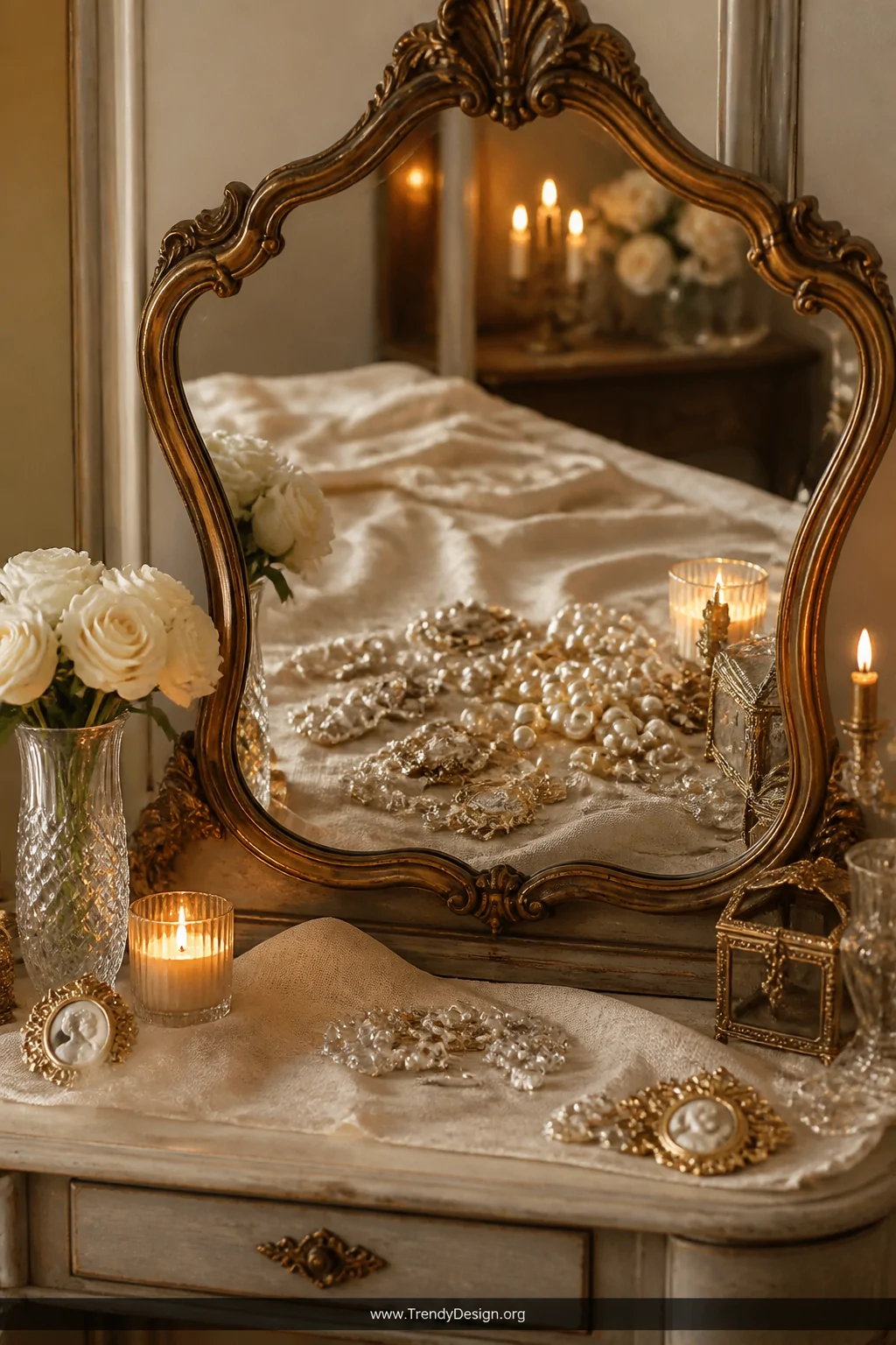 Medium shot of a vintage dressing table with an ornate gold-toned mirror reflecting a romantic styling scene featuring scatte