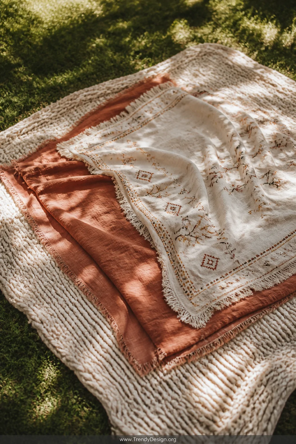 A styled medium-wide shot of three layered bohemian throws overlapping on grass, a chunky knit base in oatmeal cream undernea