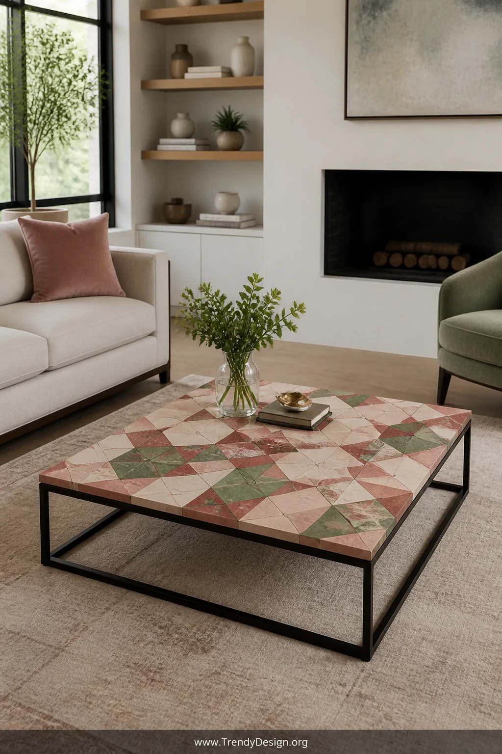 A wide room shot of a modern living room featuring a coffee table with a precise geometric decoupage surface of hexagons and 