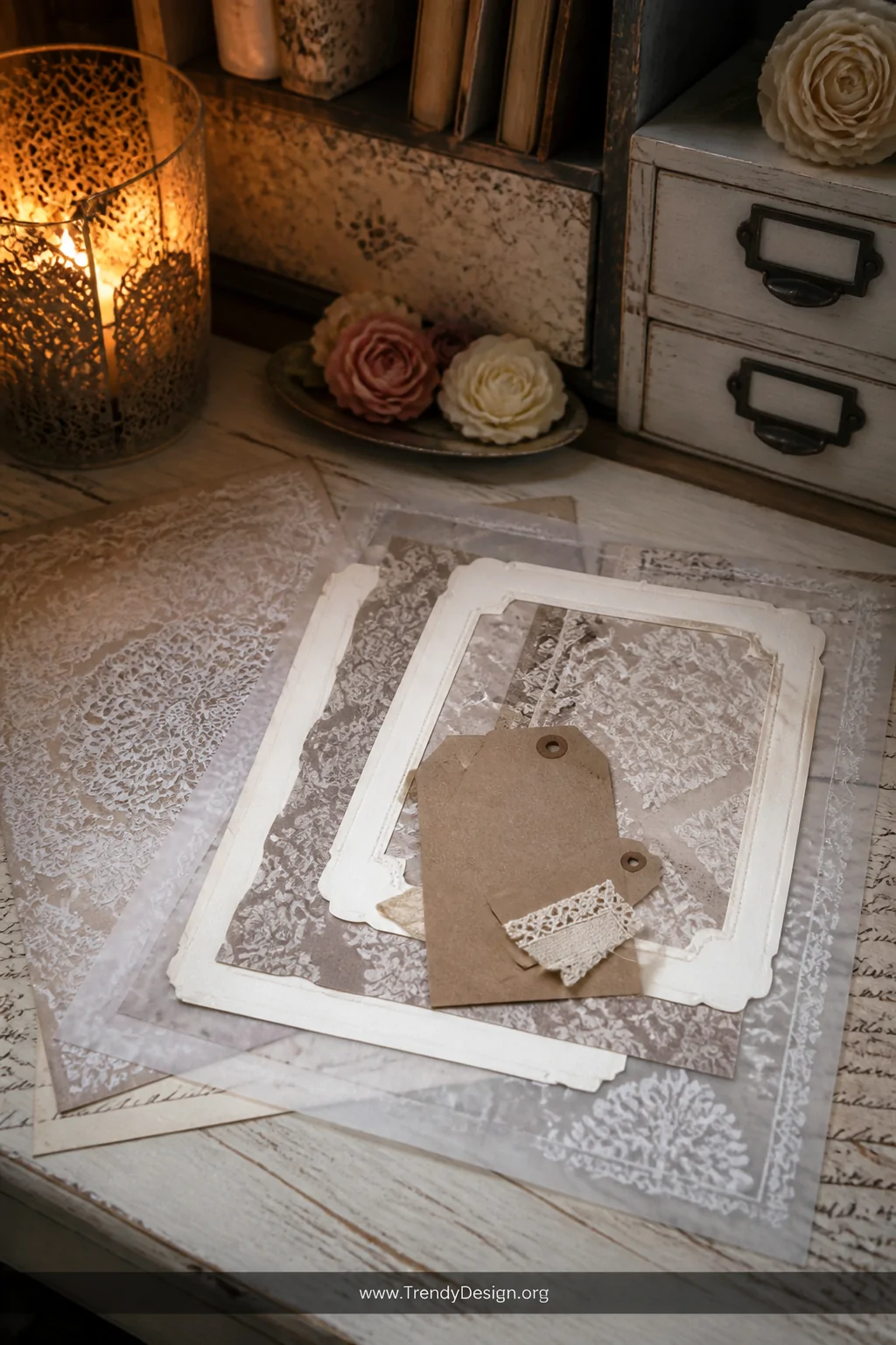 A medium shot of a styled craft station corner featuring intricate lace-motif and damask-patterned printable sheets in muted 