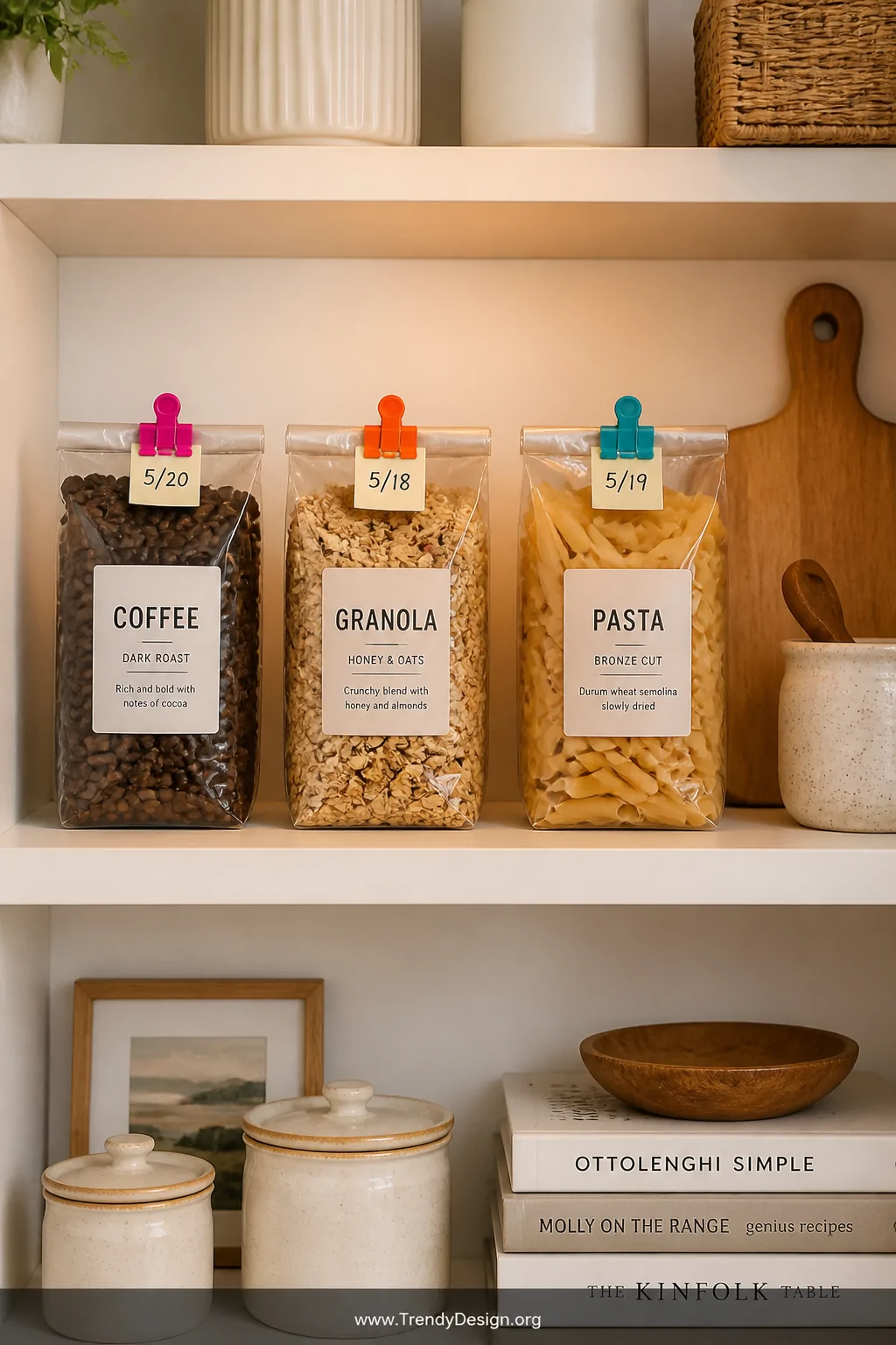 Medium shot of a well-organized open pantry shelf in soft white with warm wood accents, showing neatly folded-top bags of cof