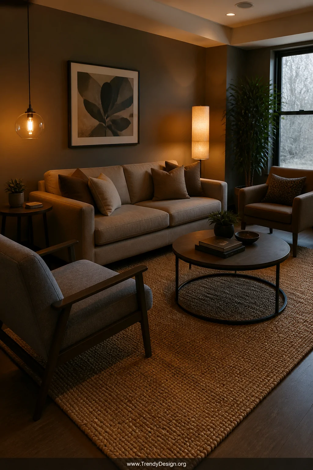 Medium shot of a small lounge's defined seating zone anchored by a large textured jute rug with all sofa and chair legs resti
