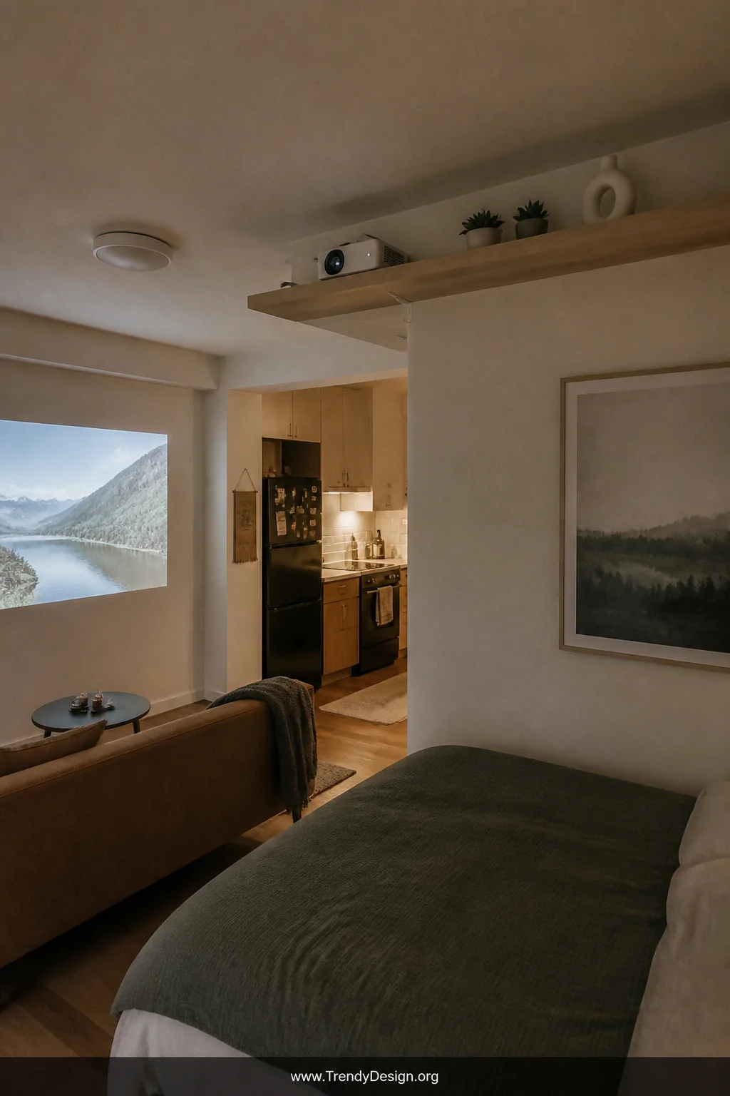 Medium shot of a compact studio apartment with a slim pale oak floating shelf mounted high near the ceiling holding a project