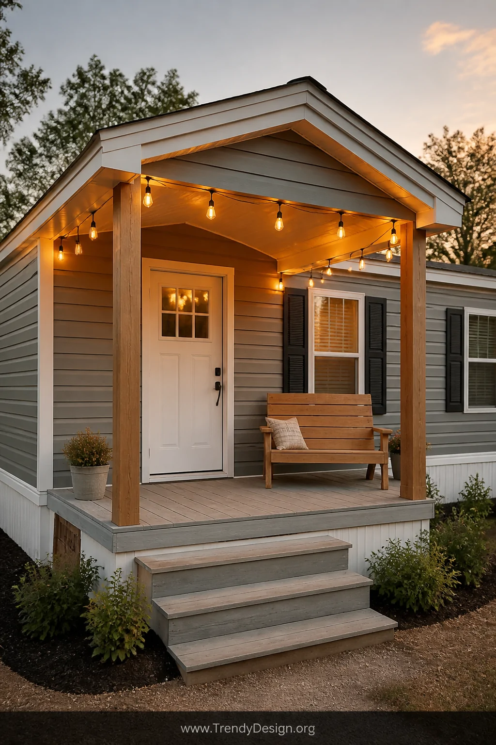 A medium exterior shot of a charming mobile home front entrance featuring a newly built gable-roof covered porch with two nat