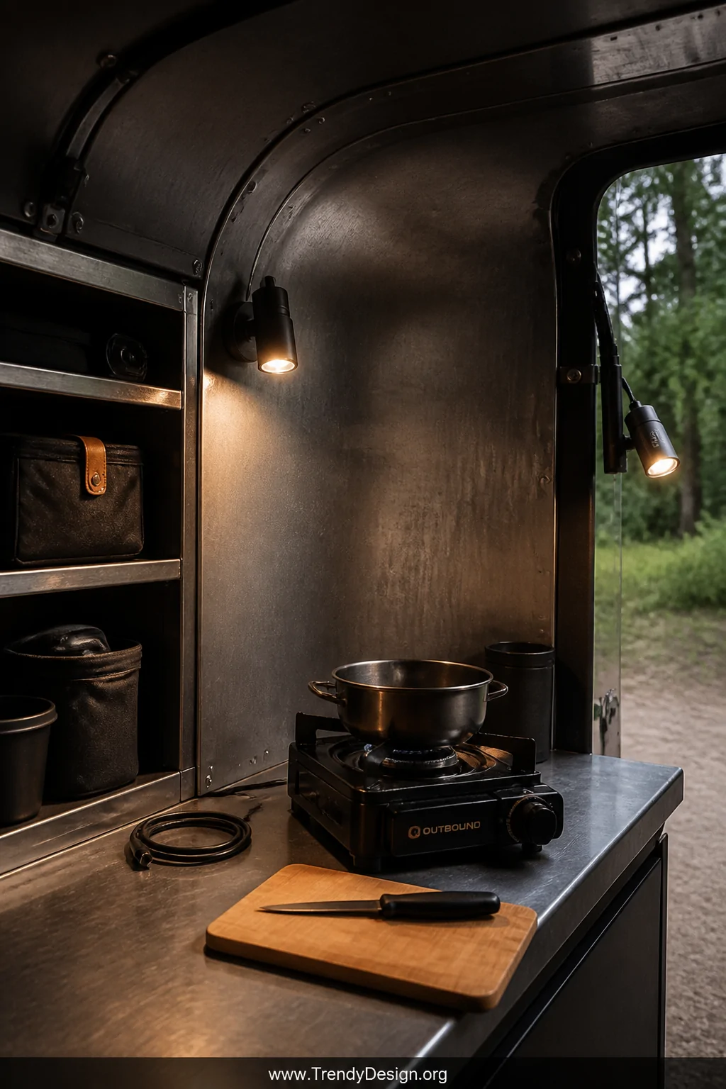 Detail shot of a magnetic portable rechargeable light attached to the curved metal interior wall of a camper shell near the o