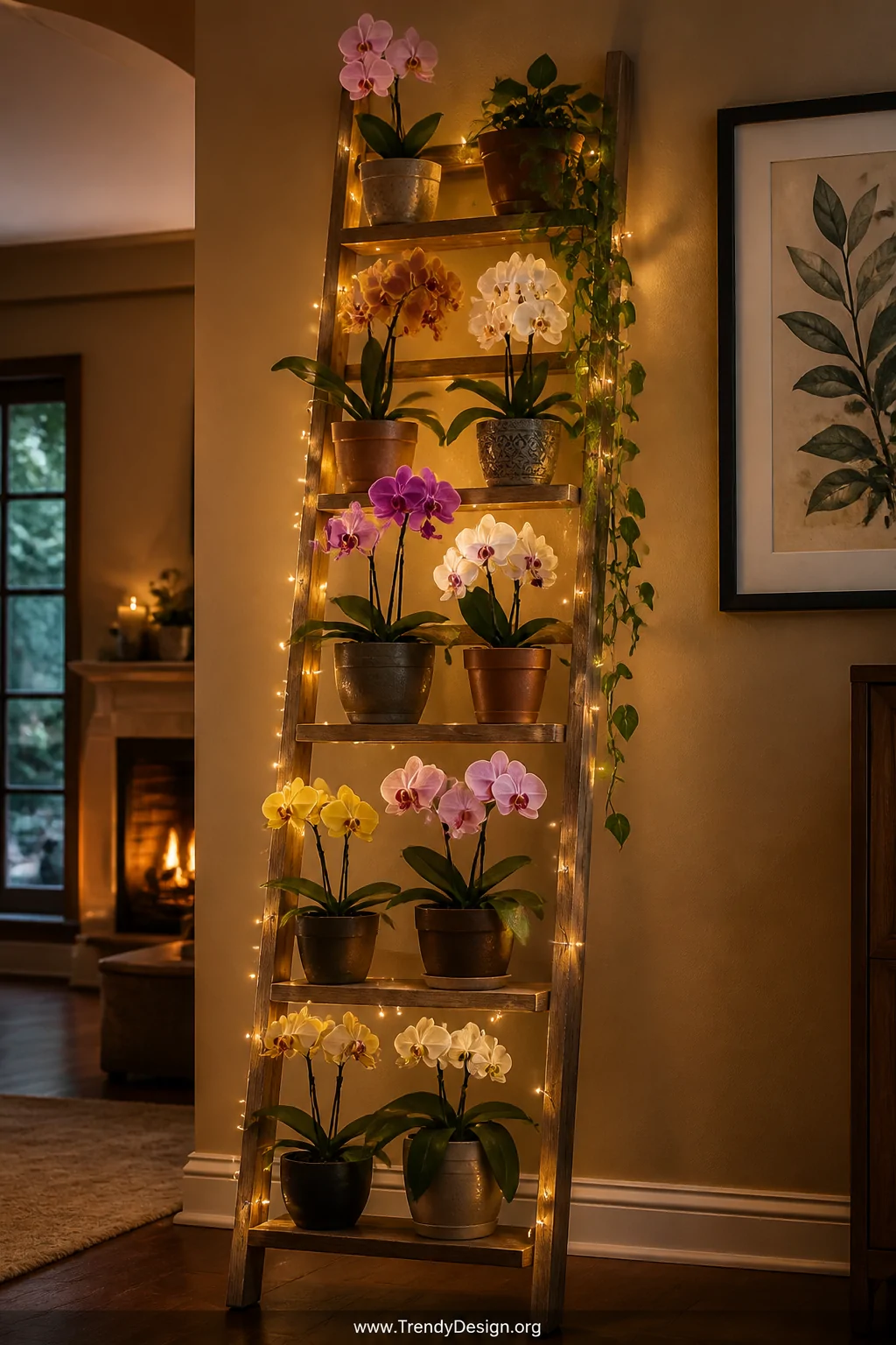 A wide atmospheric shot of a slim vintage wooden ladder leaning against a warm-toned interior wall with multiple orchid pots 