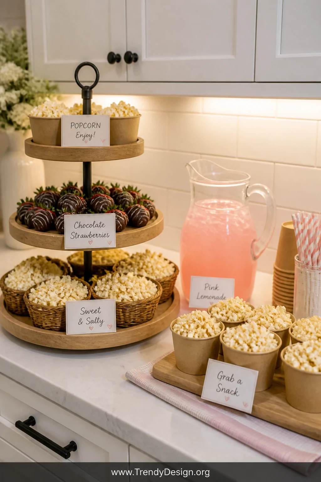 Medium shot of a styled snack bar on a white kitchen counter featuring tiered wooden trays and small wicker baskets filled wi