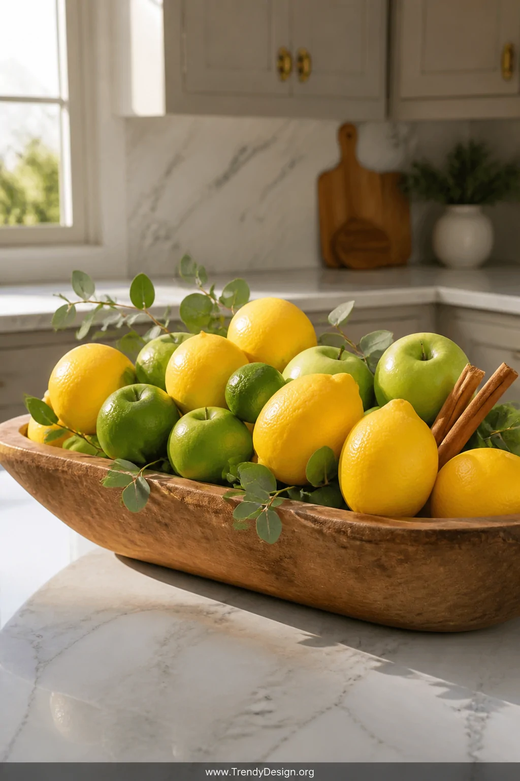 A medium shot of a wooden dough bowl on a bright kitchen counter styled with a cascading pile of yellow lemons, small limes, 