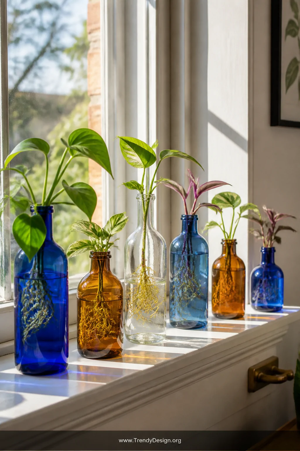 A sun-drenched windowsill styled with 6 glass bottles in cobalt blue, amber, and clear glass at graduating heights, each hold