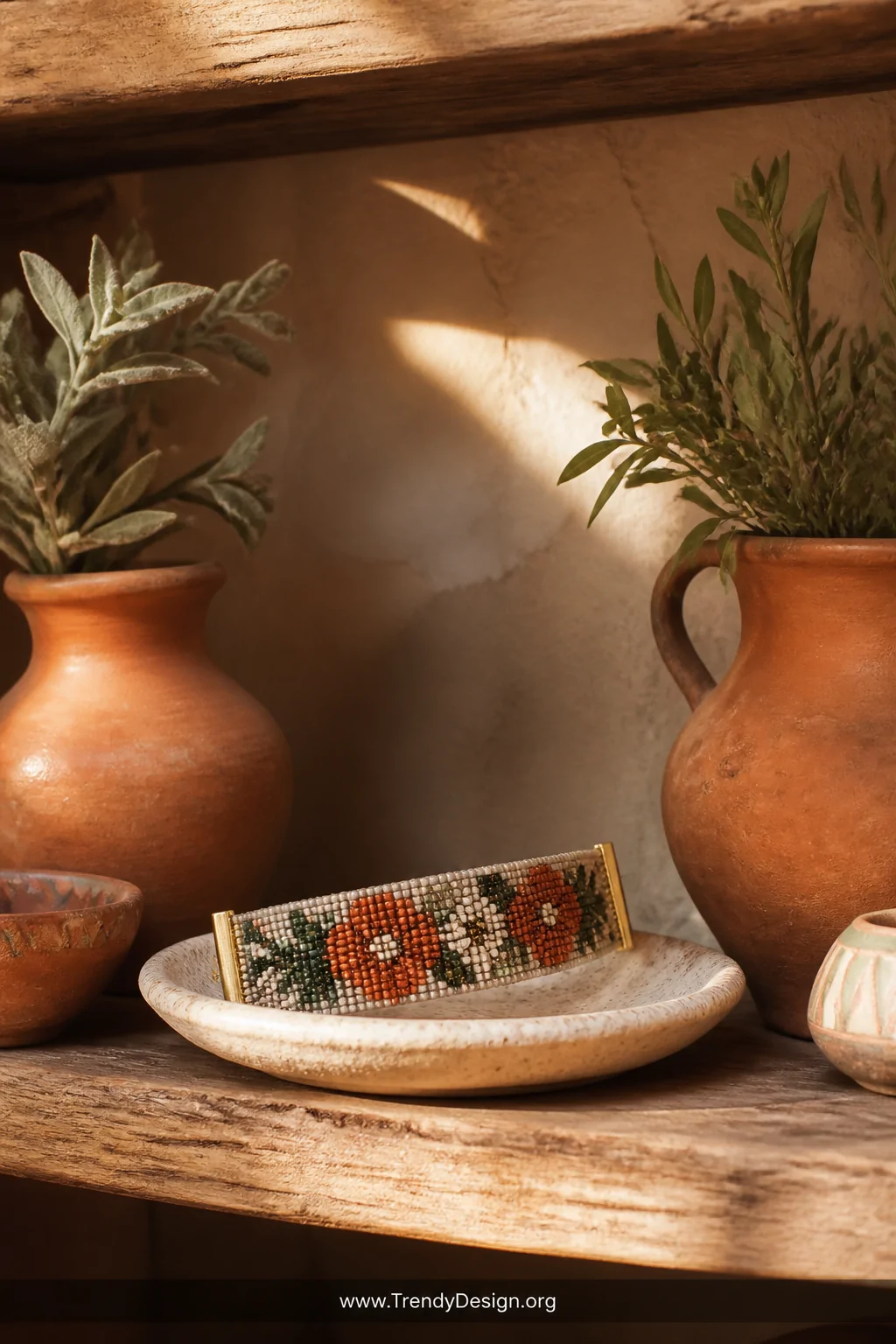 A medium shot of a rustic wooden shelf styled Santa Fe-inspired vignette, warm terracotta clay pots and sage green foliage fr