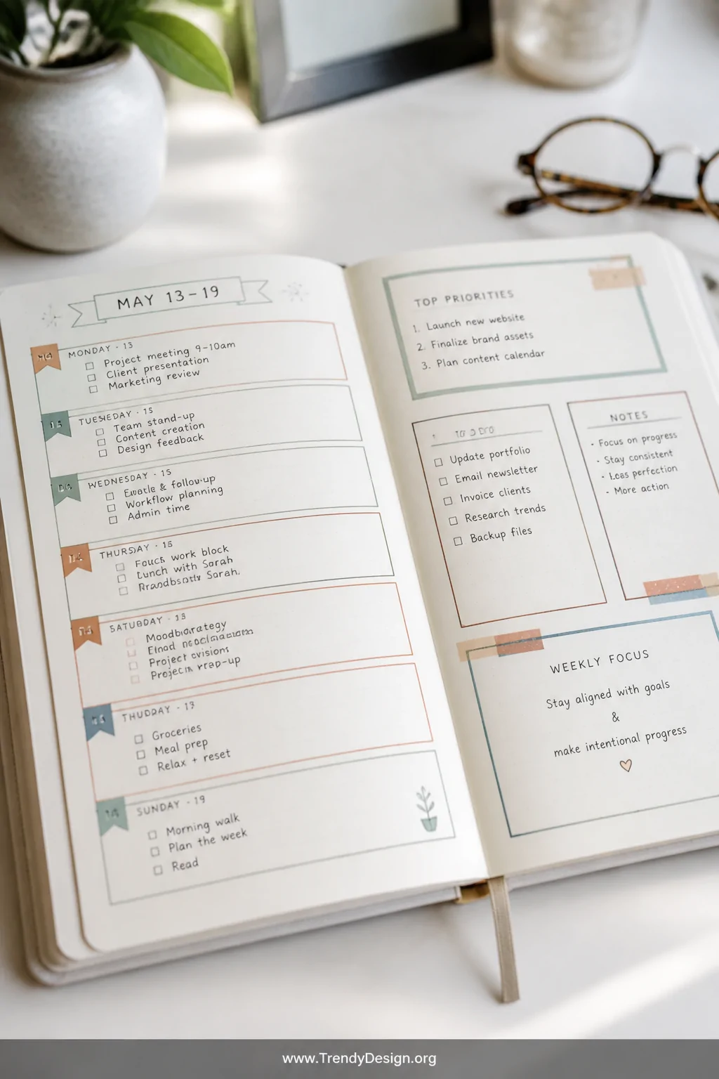A styled close-up shot of a minimalist open planner on a white desk, where all text is written in clean black ink but each ta