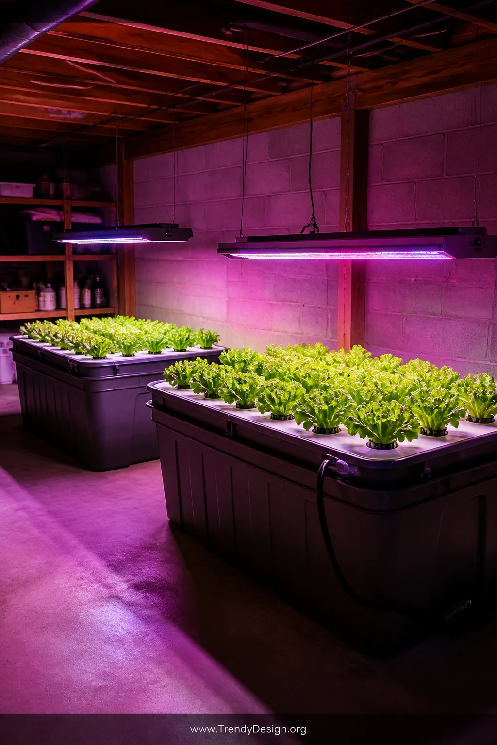 A utilitarian basement grow room with two large opaque dark grey storage bins sitting on a concrete floor under warm purple-p
