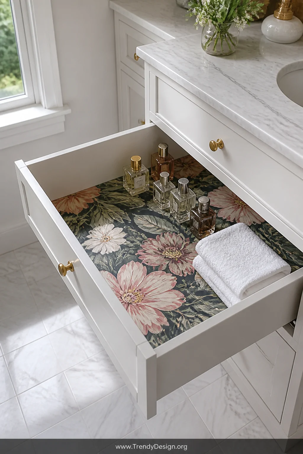 A wide shot of an open white bathroom vanity drawer lined with a vibrant vintage botanical contact paper in deep greens and b