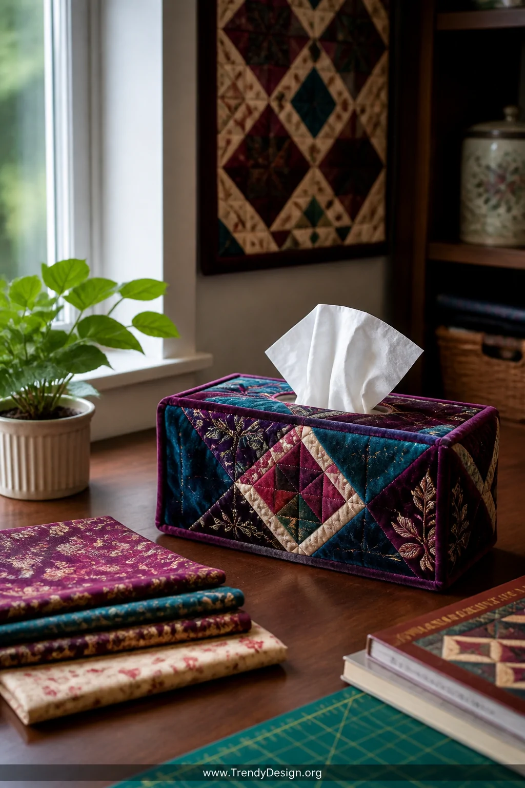 A medium shot of a styled craft workspace corner featuring a handmade fabric tissue box cover in deep jewel-toned velvet, pla