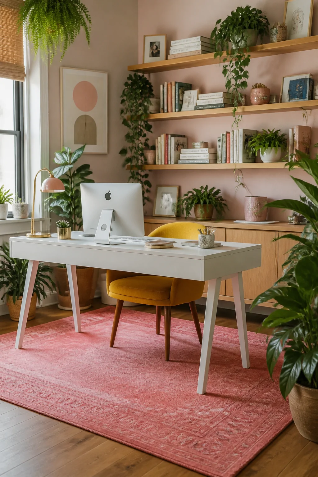 Medium-wide photorealistic shot of a warm and stylish home office featuring a pink area rug grounding the workspace beneath a