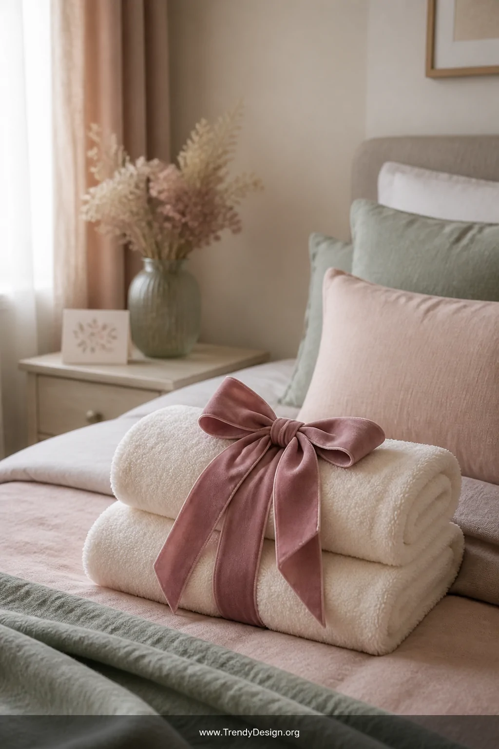 A medium shot of two plush rolled towels in soft ivory tied with a wide dusty rose velvet ribbon formed into a generous bow, 