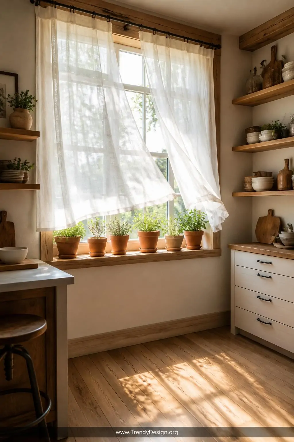 Sheer white linen curtain panels billowing softly at a sun-drenched farmhouse kitchen window above a wooden sill lined with terracotta herb pots, wide shot, warm natural morning light filtering through the textured weave onto pale oak floors and open timber shelving, photorealistic interior design.