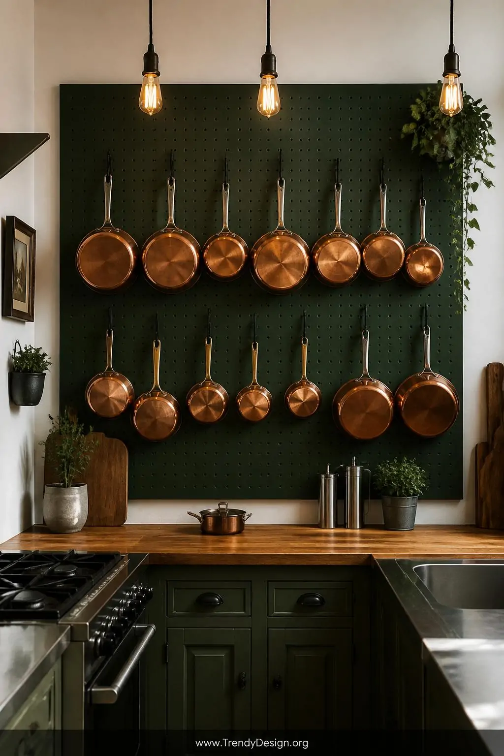 Deep forest green painted pegboard mounted on a white kitchen wall with copper pots and pans hanging from heavy-duty hooks grouped by size, warm Edison bulb pendant lighting casting golden reflections on the burnished copper surfaces, wide shot showing full wall installation above a butcher block countertop with stainless steel accents.