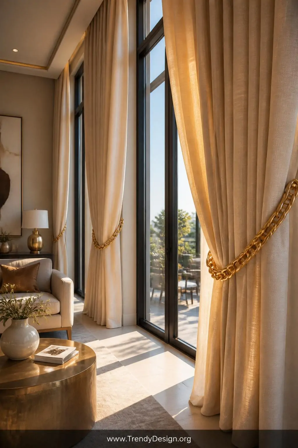 Chunky gold chain tieback draped around ivory linen curtain panels in a sunlit living room, boutique hotel style, warm brass tones catching afternoon light against floor-to-ceiling windows, wide shot.