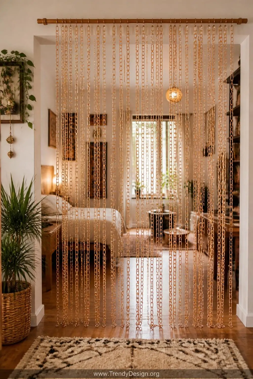 Shimmering paperclip chain curtain room divider hanging in a studio apartment doorway, cascading vertical chains of mixed gold and rose gold metallic clips catching warm ambient light, bohemian-style with a wooden dowel mount above, soft blurred living space visible through the translucent metallic veil, wide shot.