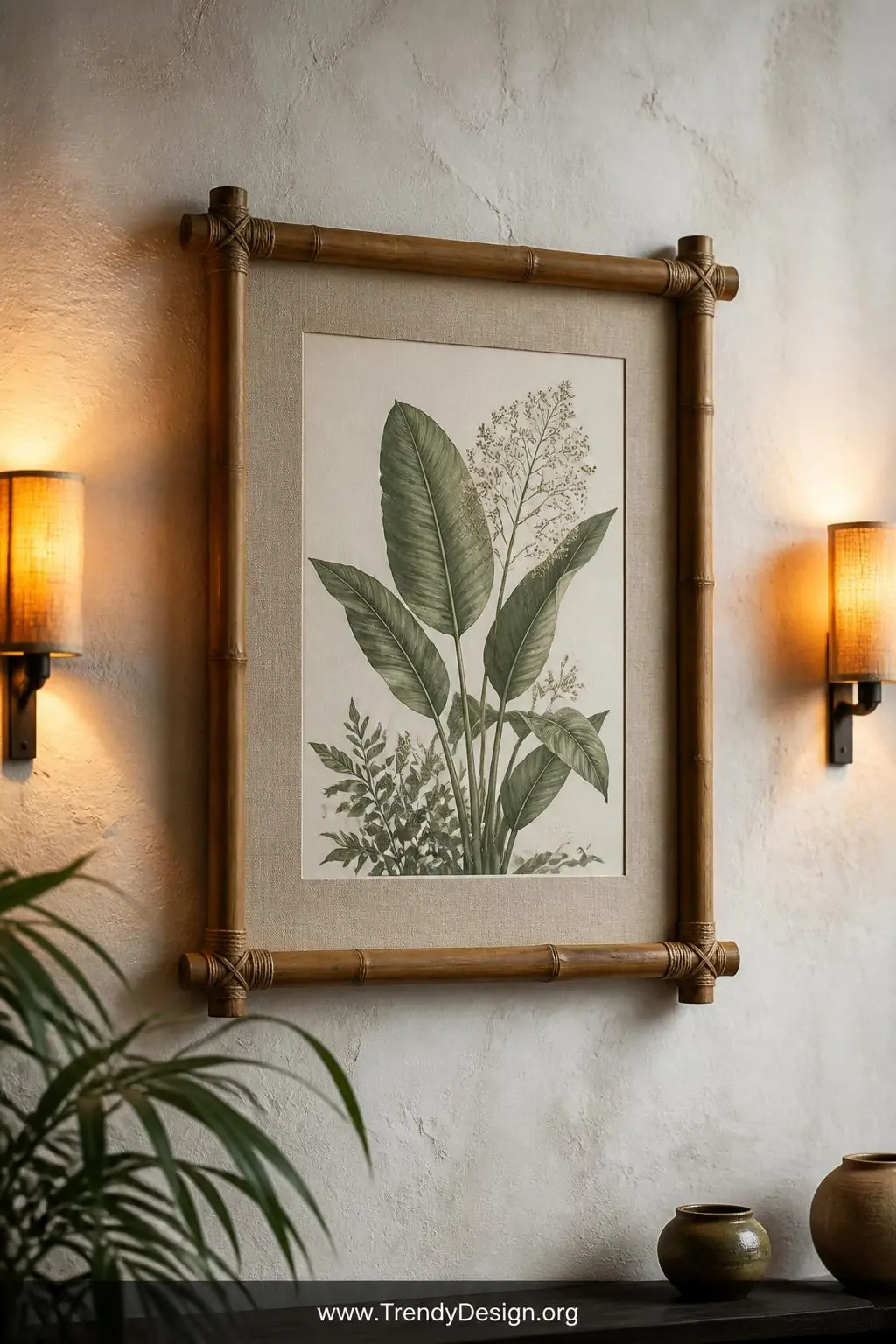 Bamboo picture frame displaying botanical artwork on a whitewashed gallery wall, warm amber sconces casting soft side-light, closeup of natural bamboo stalks bound with raw jute twine at corners, cream linen mat visible, earthy green and ivory tones, textured plaster wall background, photorealistic interior design