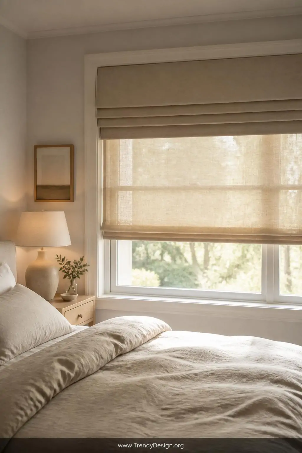 A serene master bedroom window dressed with two Roman blinds on a double bracket system   a gauzy natural linen sheer pulled 