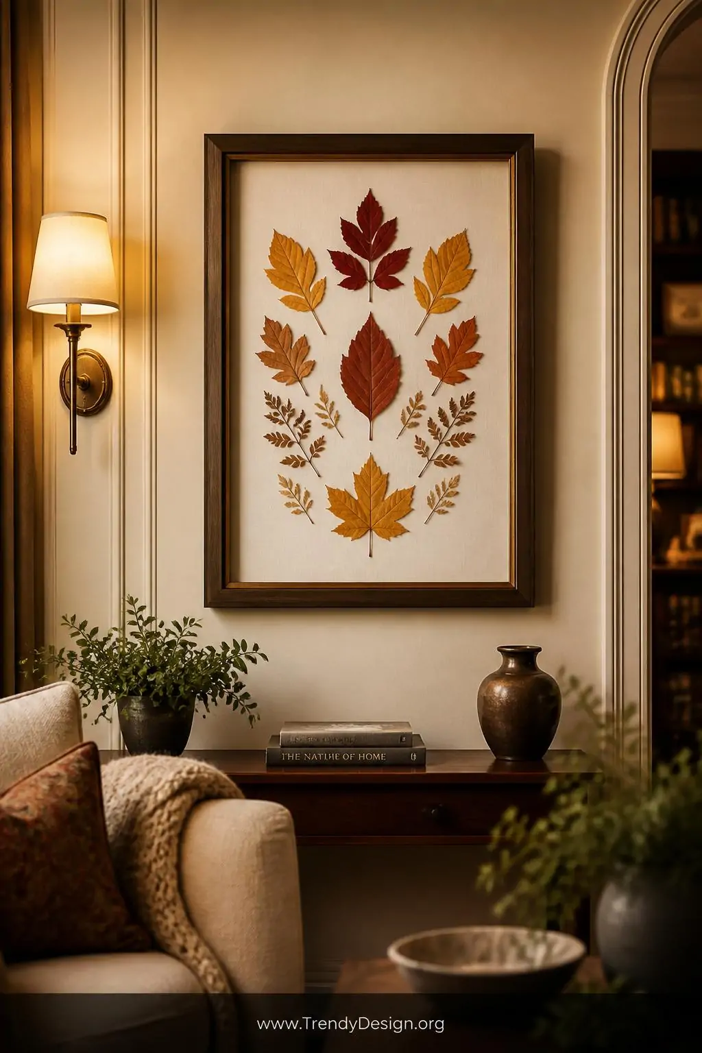 Pressed leaf framed shadow box with symmetrically arranged amber, crimson, and gold leaves on a white linen mat, mounted on a warm cream gallery wall beside a brass sconce casting soft evening light, medium shot of the framed artwork in a cozy traditional living room.