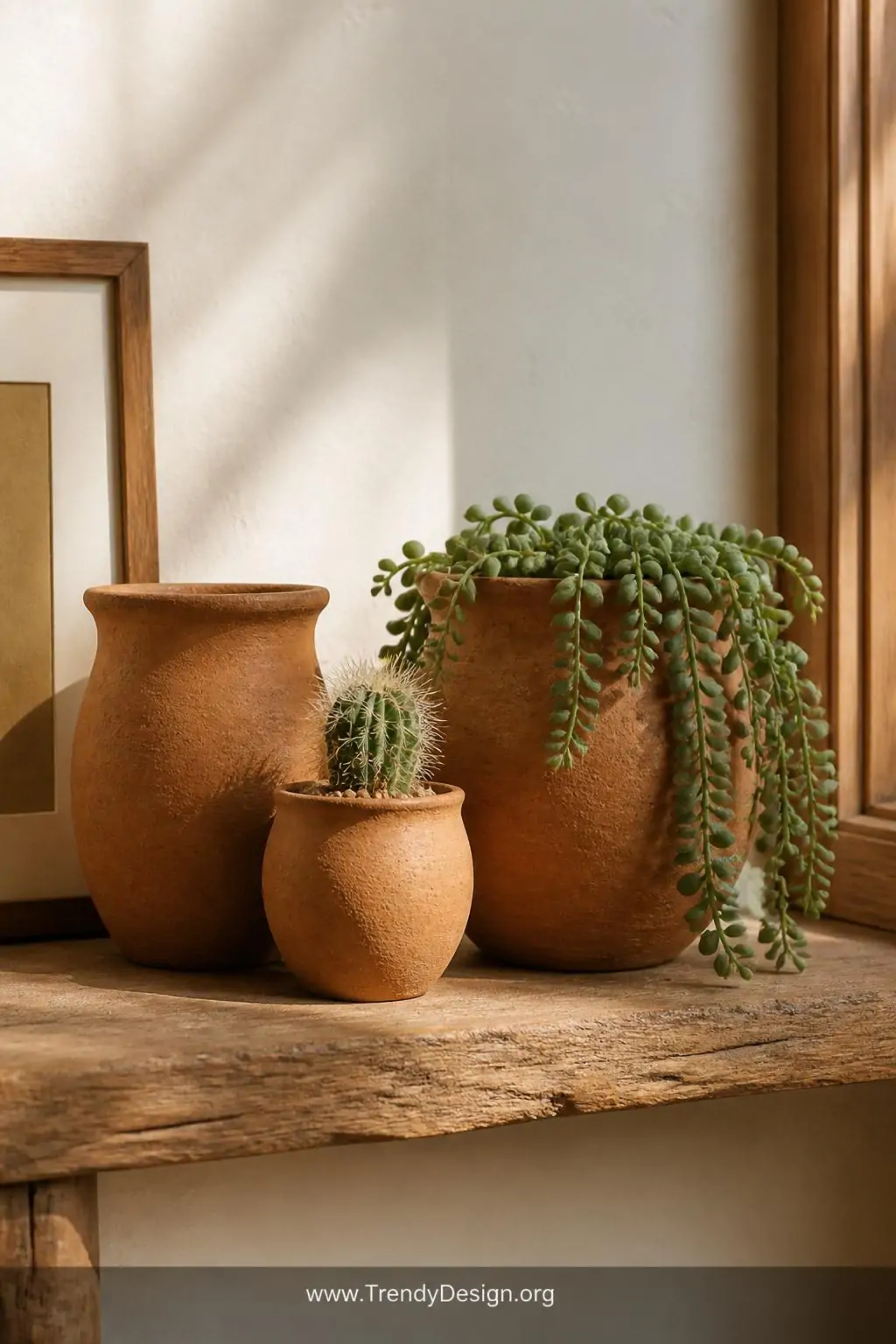Three terracotta pots in graduating sizes clustered on a sun-warmed wooden shelf, the smallest holding a spiky cactus and the largest a trailing succulent, their rough clay texture glowing amber against a whitewashed wall, medium shot, photorealistic interior design.