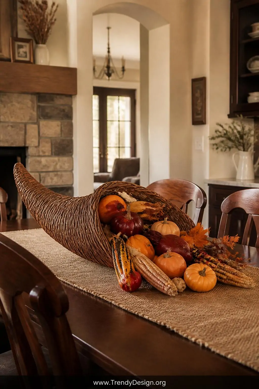 Wicker cornucopia filled with faux orange squash, burgundy gourds, mini pumpkins, and dried corn cobs on a burlap table runner, warm autumn dining room centerpiece, wide shot, photorealistic interior design