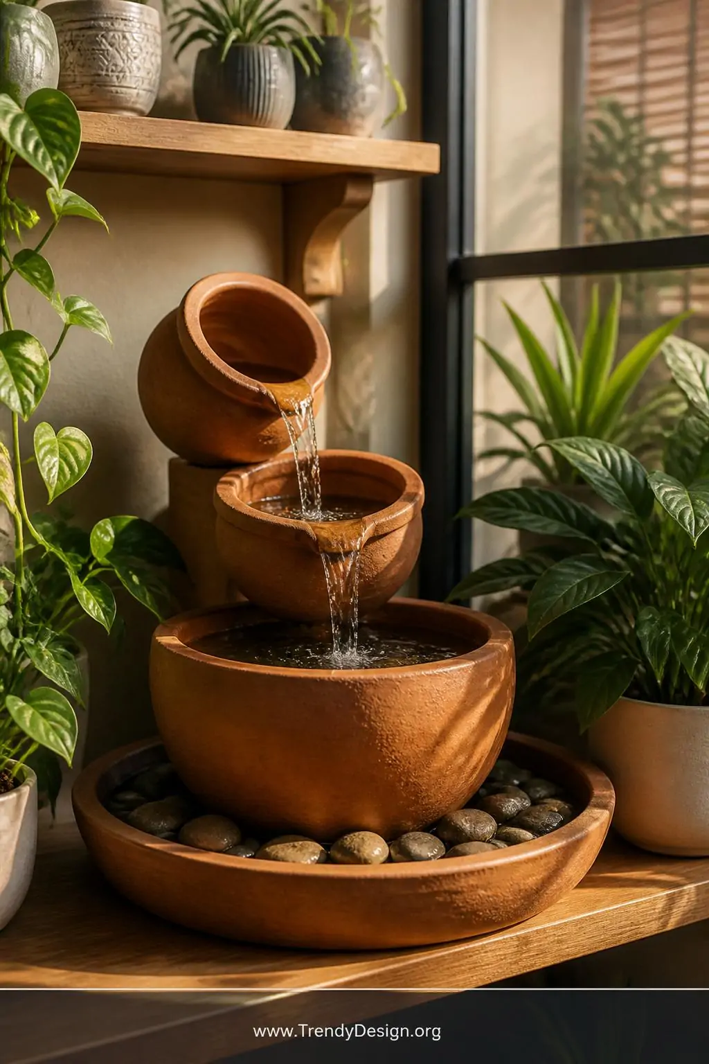 Three stacked terracotta pots of graduating sizes forming a cascading indoor fountain on a sunlit wooden shelf, surrounded by lush houseplants and smooth river rocks at the base, warm afternoon light catching the trickling water against the earthy rust-orange clay texture, photorealistic interior design, medium shot.