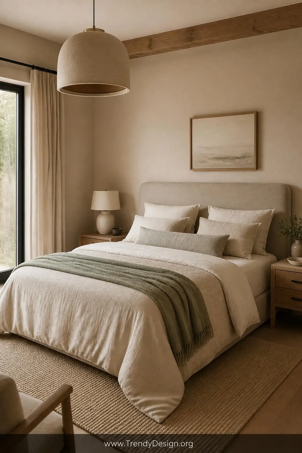 Warm cream linen duvet and oatmeal textured bedding layered with a folded dusty sage throw across a queen bed, soft natural light washing the matching warm beige walls, wide shot of a minimalist bedroom showing tonal cohesion throughout every surface and textile.