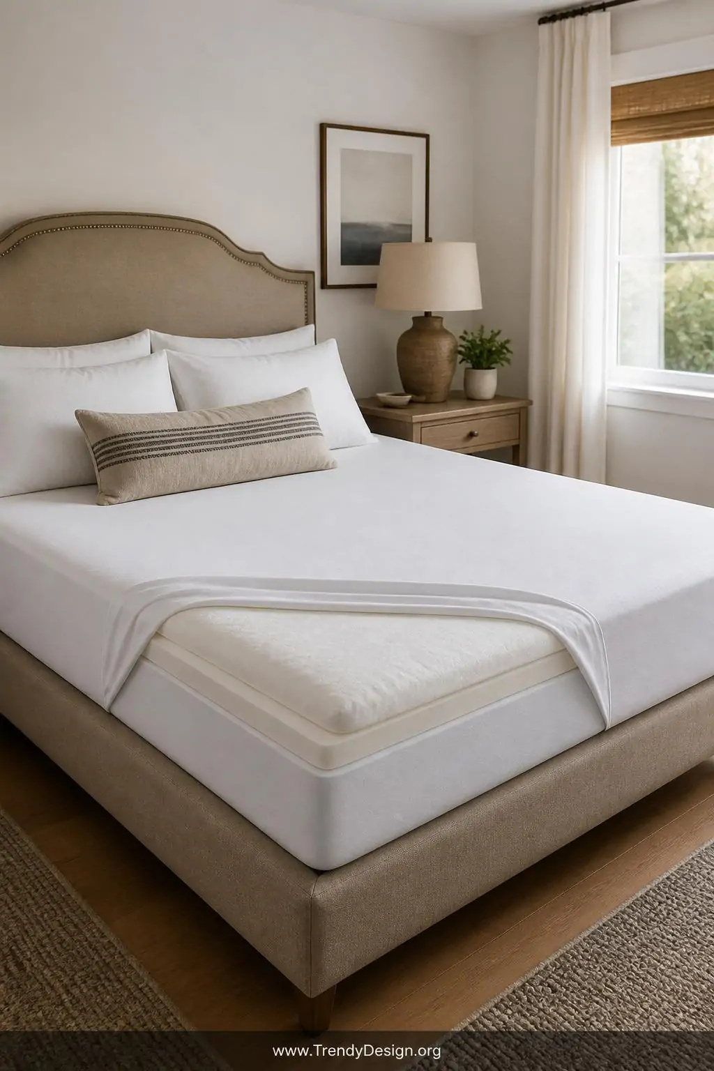 Plush white memory foam mattress topper with crisp fitted sheet partially pulled back revealing thick cushioning layers on a queen bed, soft natural window light, medium shot of guest bedroom with neutral linen headboard and oak hardwood floors, photorealistic interior design.