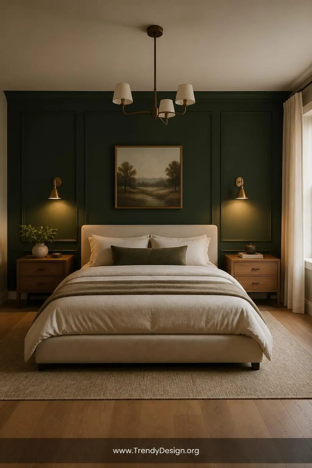 Deep forest green painted accent wall behind a low-profile upholstered bed with ivory linen bedding, warm brass sconce lighting casting soft pools of light, wide shot of a moody sophisticated bedroom where the saturated emerald wall frames the entire sleeping area against natural oak hardwood floors and cream curtains.
