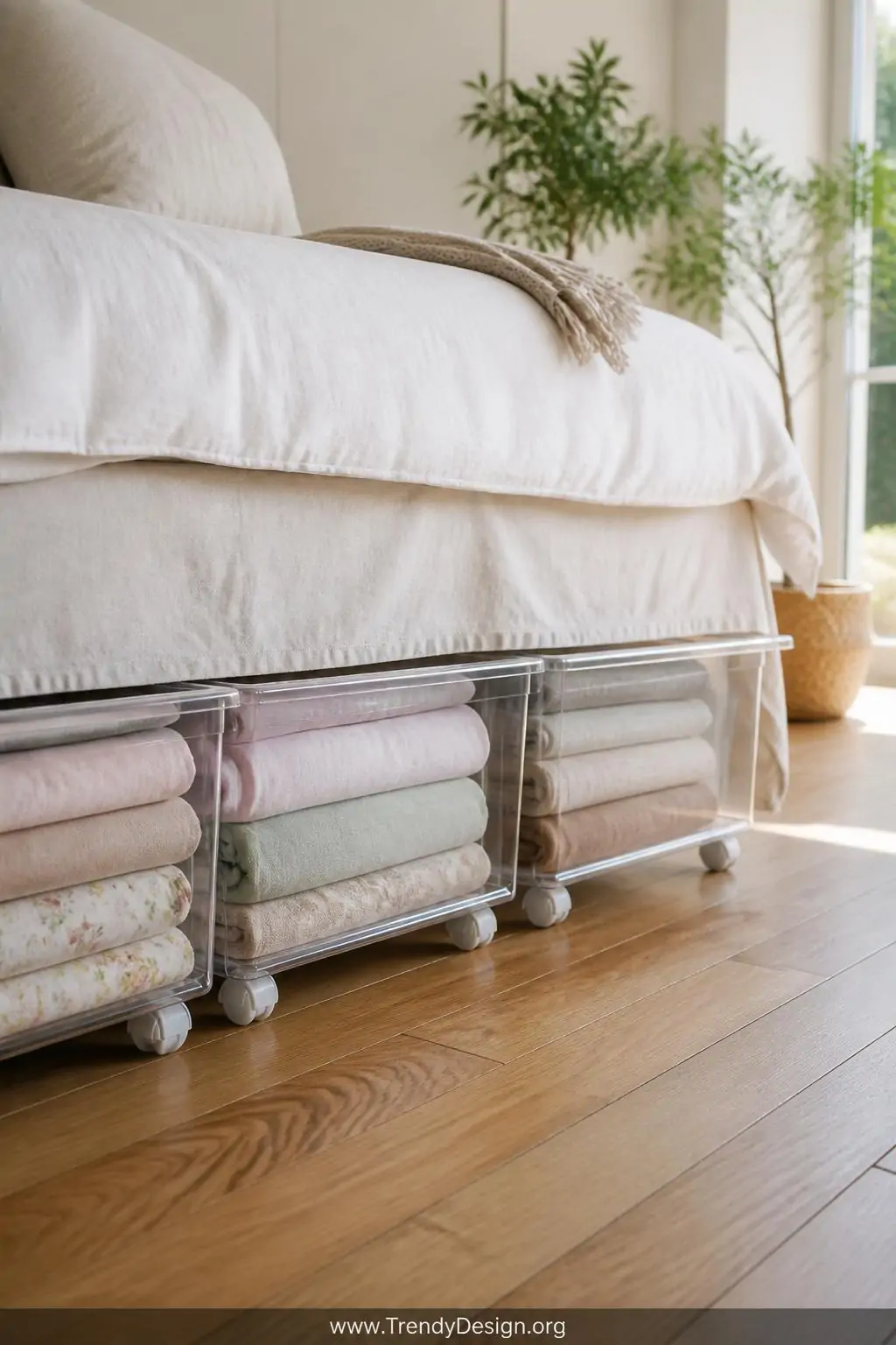 Clear plastic rolling storage bins with woven fabric alternatives on smooth hardwood floor beneath a white linen bed skirt, soft natural window light casting gentle shadows, medium shot showing wheels and neatly folded pastel duvet covers visible through transparent sides, clean Scandinavian bedroom.