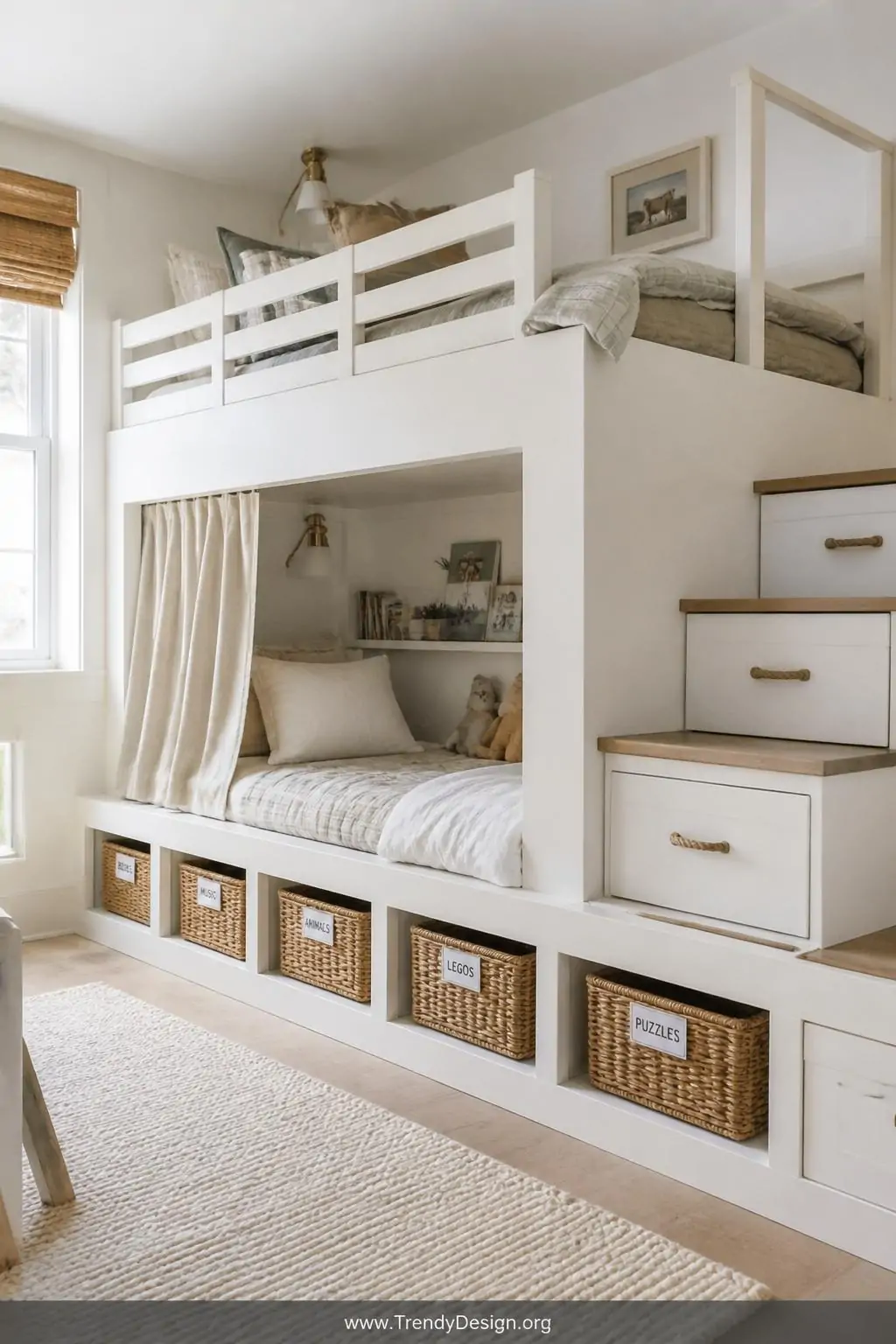 White bunk bed with built-in pull-out drawers in steps and deep cubbies below in a shared kids bedroom, Scandinavian style, wide shot showing labeled wicker baskets in each cubby, a small linen curtain tucked under the bottom bunk creating a hideout, soft natural light from a nearby window, clean white walls with warm wood accents, photorealistic interior design.