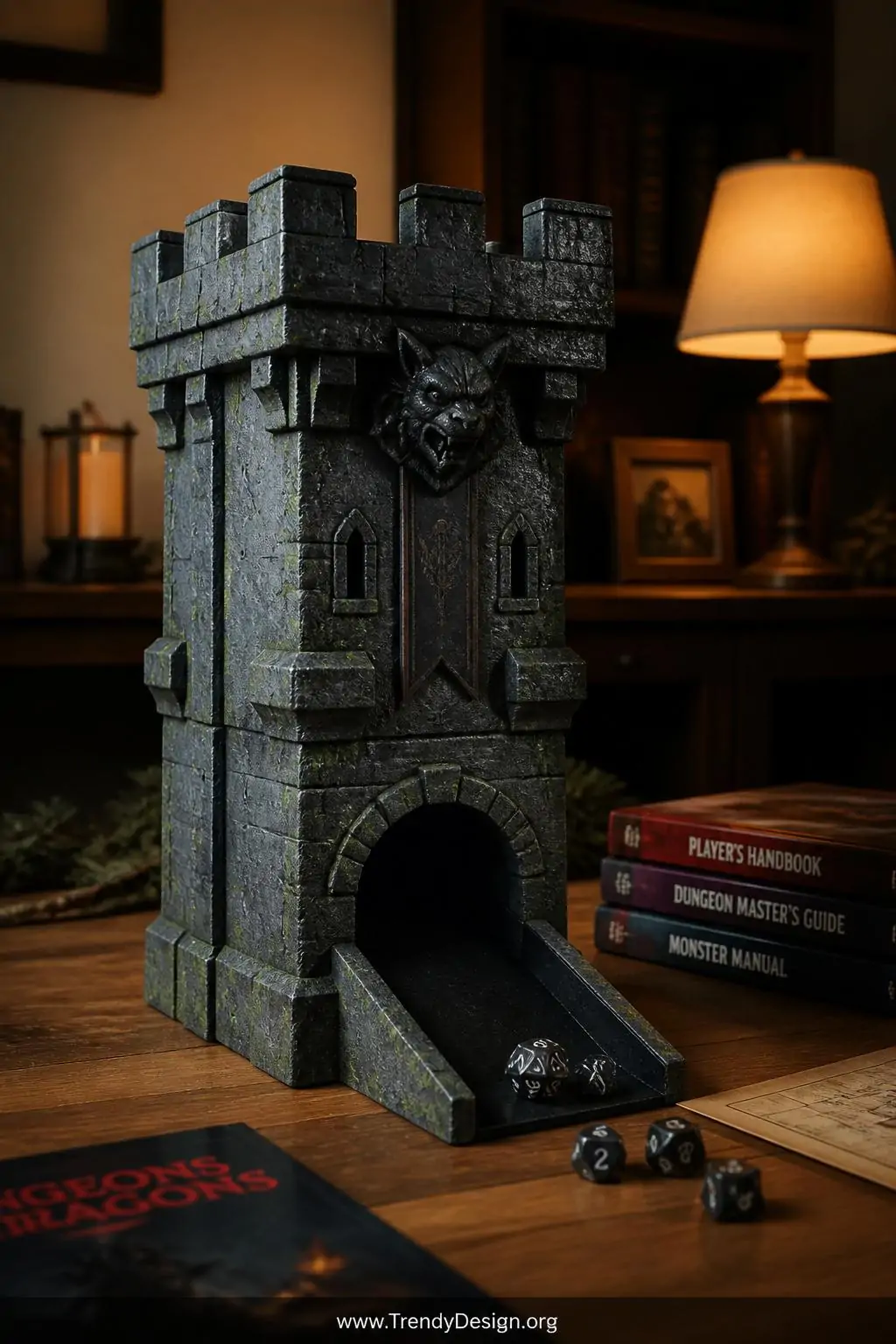 Cardboard and foam dice tower painted in layered dark charcoal base with dry-brushed mossy green and weathered gray stone texture, sitting on a wooden gaming table scattered with rulebooks, warm amber lamplight, medium shot