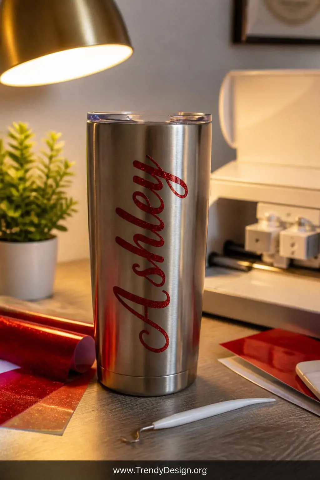 Stainless steel tumbler with glossy red glitter vinyl name lettering on a wooden craft desk, adhesive vinyl sheets and cutting machine nearby, warm golden desk lamp light, closeup shot