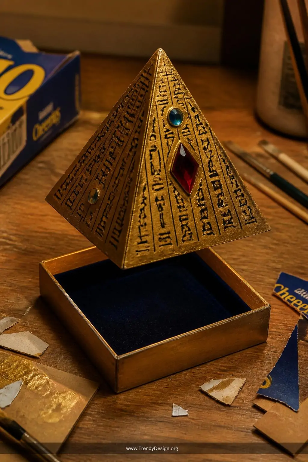 Metallic gold cardboard pyramid box with gemstone stickers and hand-drawn hieroglyphics on a wooden craft table, warm amber overhead lighting, cereal box scraps and paintbrushes scattered nearby, closeup shot showing the open base revealing a felt-lined interior treasure chamber.