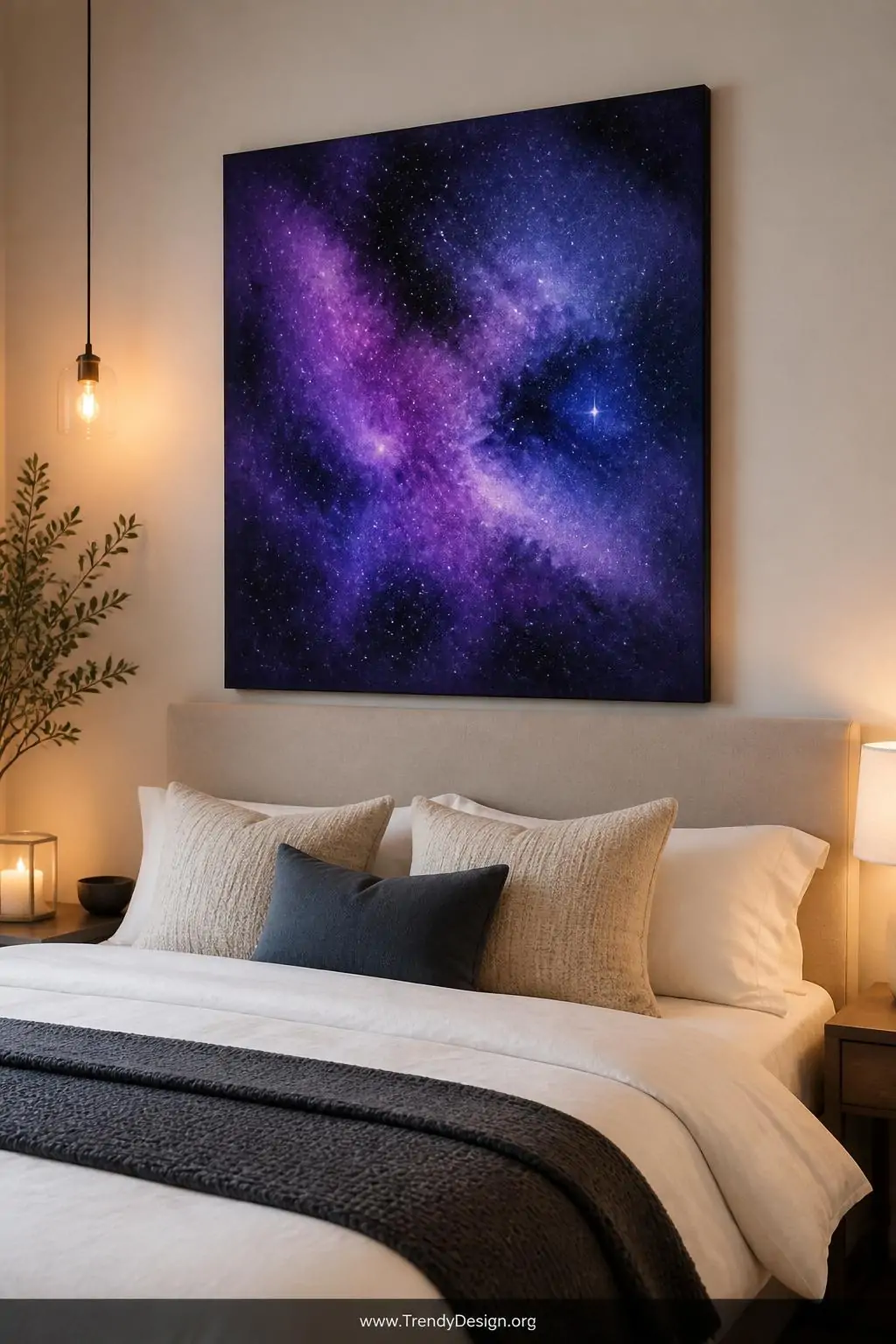 Stretched canvas with deep purple, cobalt blue, and black watercolor galaxy painting displayed on a white-walled modern bedroom, leaning against neutral linen headboard, warm ambient lighting with tiny white speckled star details, medium shot