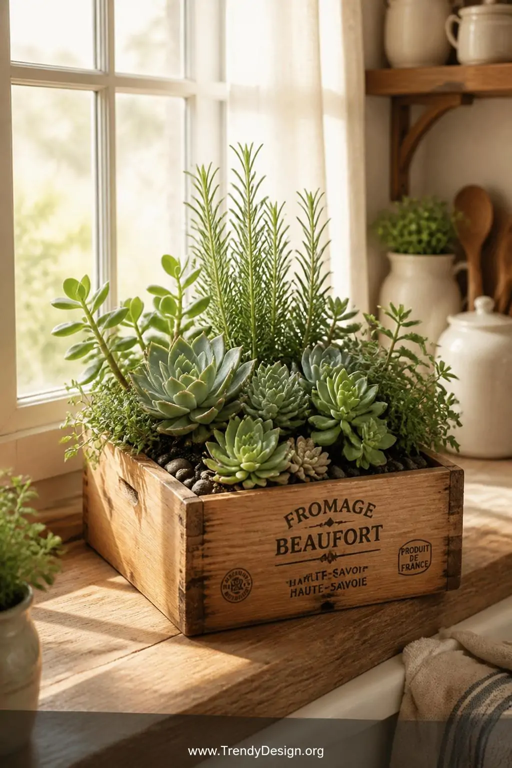 Small wooden cheese box planter filled with mixed succulents and rosemary sprigs on a sunlit kitchen windowsill, farmhouse style, natural wood grain visible with pebble drainage layer and rich dark potting soil, warm golden morning light streaming through sheer curtains, medium shot